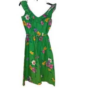 Vintage Malia Floral Hawaiian Print Midi Dress Green Ruffle V-Neck Belted size S